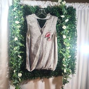 Gray Floral Top with neck button closure size Small